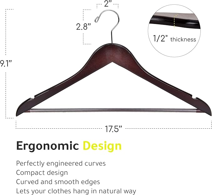 Quality Wooden Hangers - Slightly Curved Hanger Set in 10-Pack - Solid Wood Coat Hangers with Stylish Chrome Hooks - Heavy-Duty Clothes, Jacket, Shirt, Pants, Suit Hangers (Mahogany, 10)