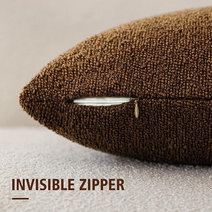 Foindtower Set of 2, Decorative Textured Boucle Throw Pillow Covers Accent Solid Pillow Cases Neutral Soft Cozy Couch Cushion Case for Chair Sofa Bedroom Living Room Home Decor 24x24 Inch Hazel Brown