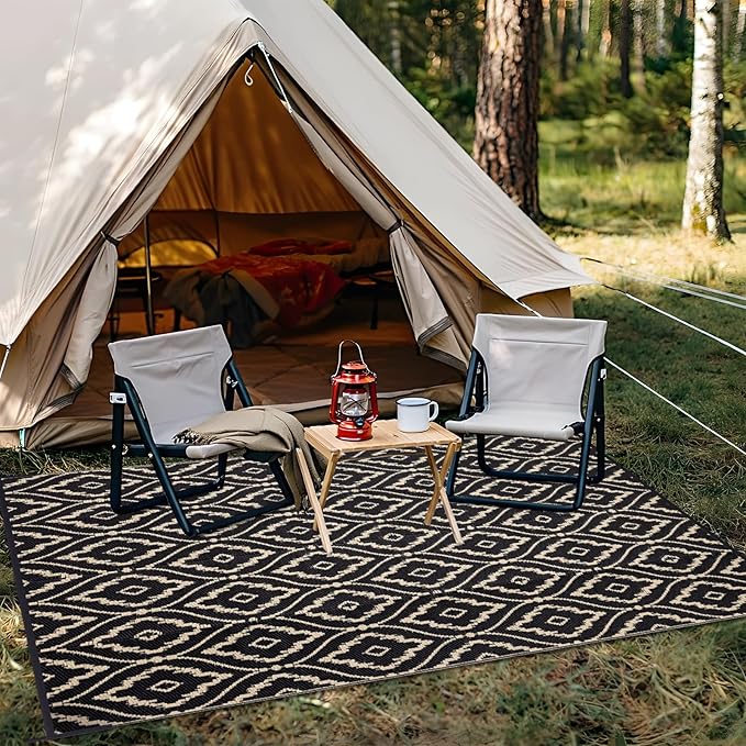 OLANLY Outdoor Rug 6x9 ft Waterproof, Outdoor Plastic Straw Rug with Geometric Pattern Clearance, Reversible RV Mat for Patio, Camping, Balcony, Deck, Backyard, Black & Beige