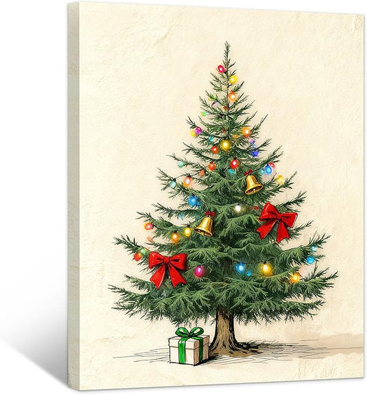 Framed Christmas Pictures Wall Decor,Vintage Pine Tree Prints,Winter Christmas Canvas Wall Art Decoration for Bedroom Bathroom Living Room Rustic Xmas Holiday Gifts (Christmas Tree 9, 16'' X 20'')