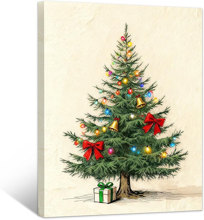 Framed Christmas Pictures Wall Decor,Vintage Pine Tree Prints,Winter Christmas Canvas Wall Art Decoration for Bedroom Bathroom Living Room Rustic Xmas Holiday Gifts (Christmas Tree 9, 20'' X 32'')