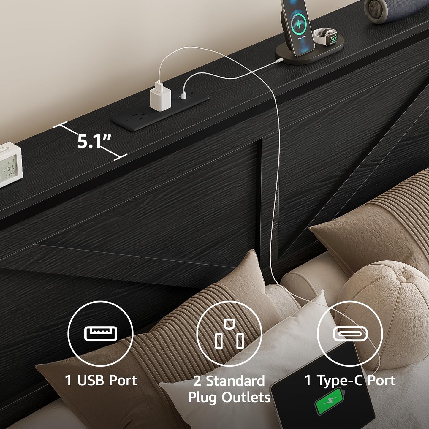 Siihnon Rustic Queen Bed Frame with Storage Drawers and Barn Door Headboard, Farmhouse LED Bed Frame Queen Size with Charging Station, Metal Industrial Platform Bed Frames, No Box Spring Needed, Black