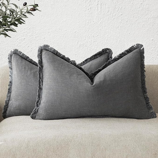 Foindtower Set of 2 Decorative Linen Fringe Lumbar Throw Pillow Covers Boho Farmhouse Cushion Cover with Tassels Soft Accent Pillowcase for Couch Sofa Bed Living Room Home Decor,12×20 Inch,Gray