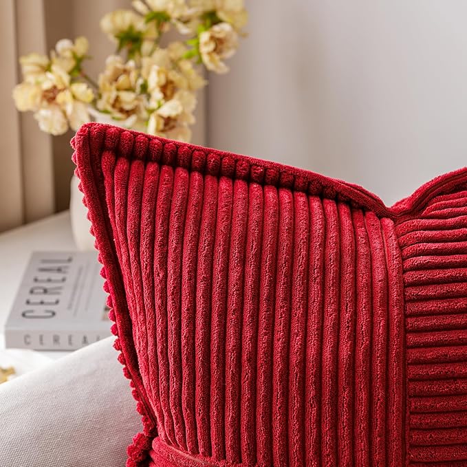 MIULEE Christmas Decorative Euro Sham Throw Pillow Covers for Couch Bed Livingroom 22x22 Inch Set of 2 Red Boho Accent Throw Pllows Broadside Striped Patchwork Soft Corduroy Pillowcases