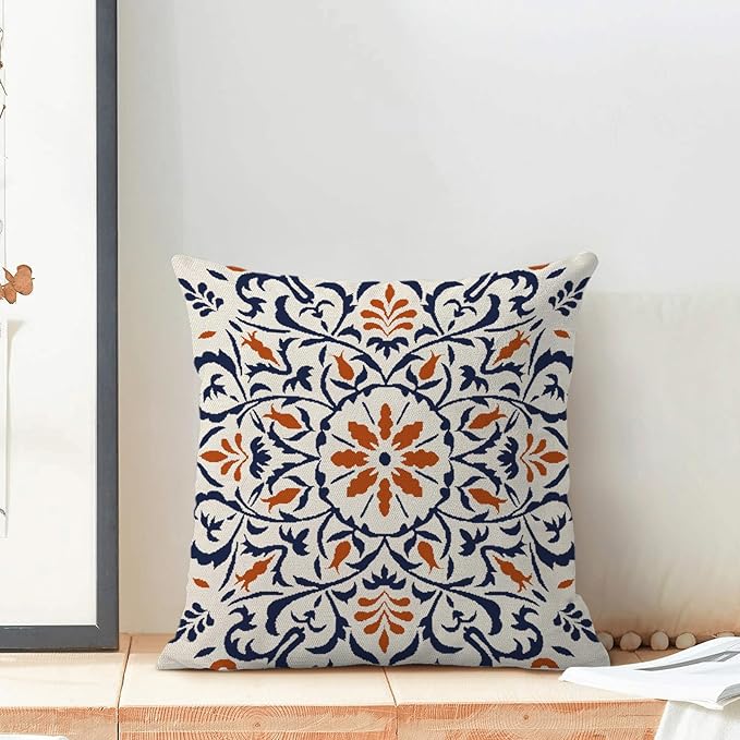 Navy Blue Orange Boho Pillow Covers 18x18 Set of 2, Bohemian Ethnic Carpet Pattern Design Decorative Throw Pillows Linen Blue Print Farmhouse Cushion Pillow Covers for Sofa Couch Outdoor Decor