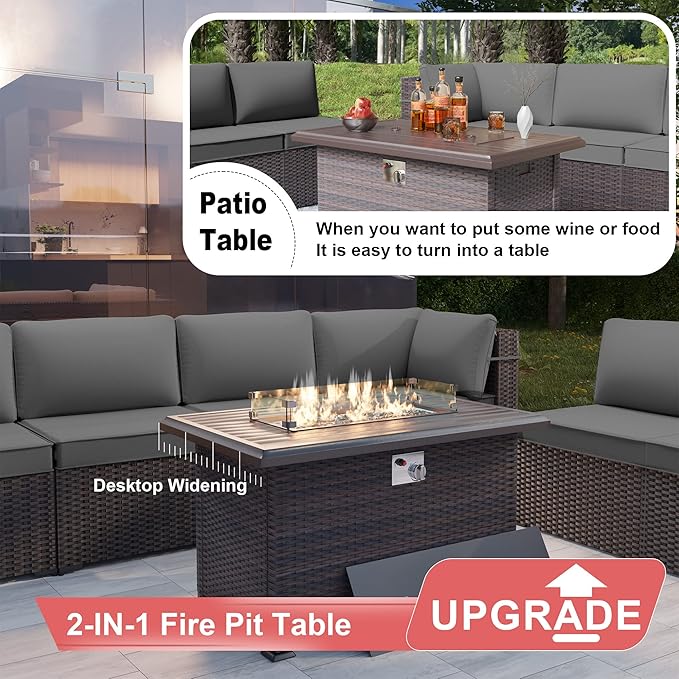 Kurapika 10 Pieces Patio Furniture Set, Rattan Wicker Outdoor Conversation Sets w/43in Propane Fire Pit Table, Swivel Rocking Chairs Patio Sectional Sofa w/4 Inch Cushion, Grey