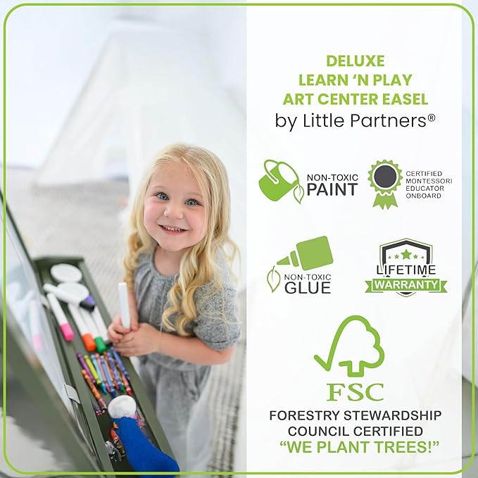 Little Partners Deluxe Learn 'N Play Toddler Easel for Kids, Two-Sided Art Center with Chalkboard, Magnetic Dry Erase Whiteboard, Paper Feed, Storage Bins, Paint Containers (Olive Green)