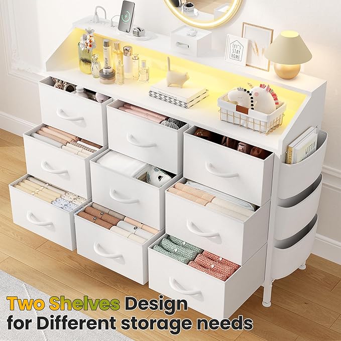 Lulive White Dresser TV Stand with LED Light and Power Outlets, 2-Tier Shelf Fabric Chests of Drawers for Bedroom, Entryway, Closet (White)