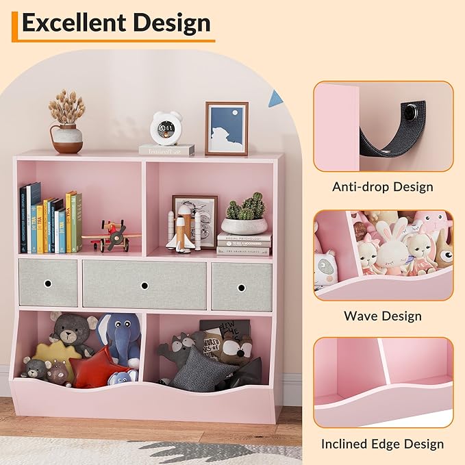 GAOMON 3-Tier Kids Bookshelf & Toy Storage Organizer - Wooden Bookcase with 6 Drawers, 8 Cubby Shelves, Anti-Tip Safety Design - Nursery, Playroom, Children's Room -2 Set Pink