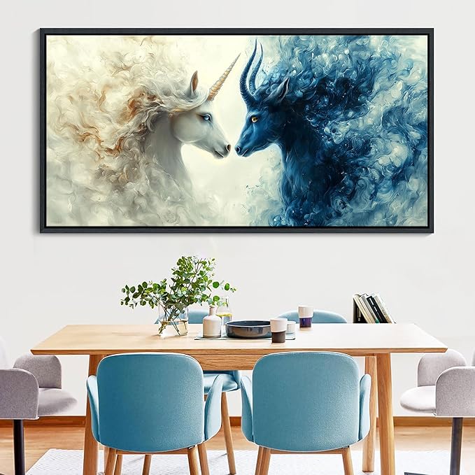 HKDGOKA Large Canvas Wall Art, Blue and White Gradient Abstract Animals Paintings Light and Dark Opposition Style Prints Pictures for Bedroom Living Room Kitchen Home Decor 29x58 IN