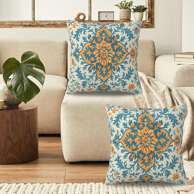 Light Orange Blue Boho Pillow Covers 18x18 Inch Set of 2 Bohemian Ethnic Carpet Pattern Floral Decorative Throw Pillows Fall Vintage Outdoor Cushion Covers for Sofa Bed Couch Living Room Decor