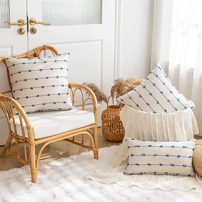 Boho Throw Pillow Covers 16x16 Set of 2 Modern Farmhouse Decorative Cushion Case Tufted Square Pillows Cover Neutral Pillow Cases Accent Pillowcase for Sofa,Couch,Bed,Beige and Blue