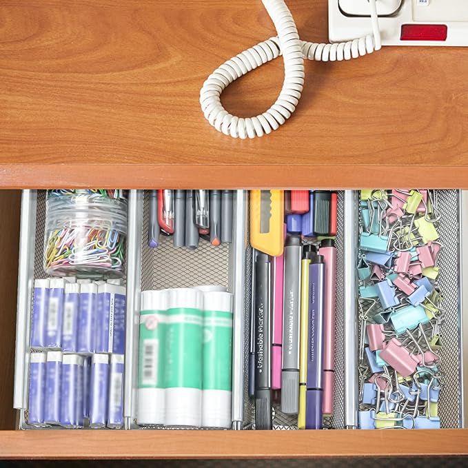2PCS Drawer Organizer, Mesh Drawer Organizer with Interlocking Arm for Utensil, Cosmetic, Flatware, Pen (9 * 3 * 2 Inches, Grey)
