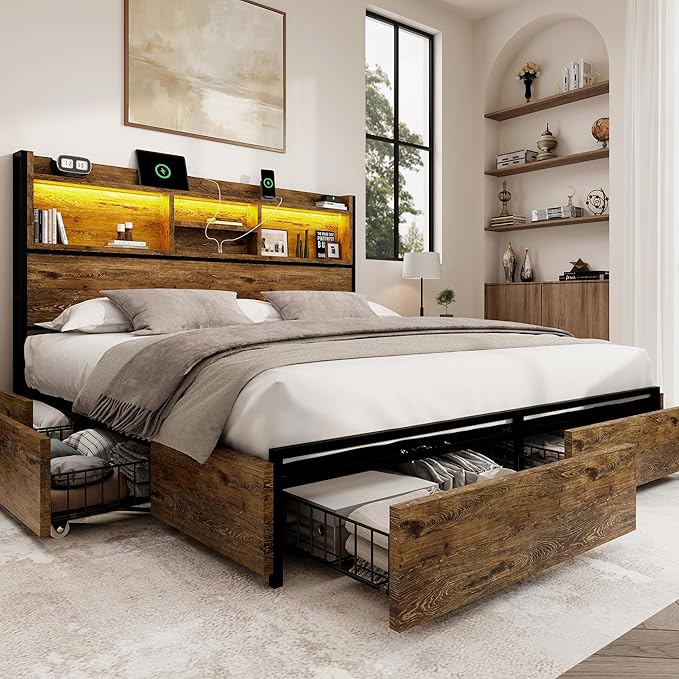 King Storage Bed Frame with 6 Drawers, USB Charging Station, No Noise, No Box Spring Required, Vintage Brown Headboard Platform Bed