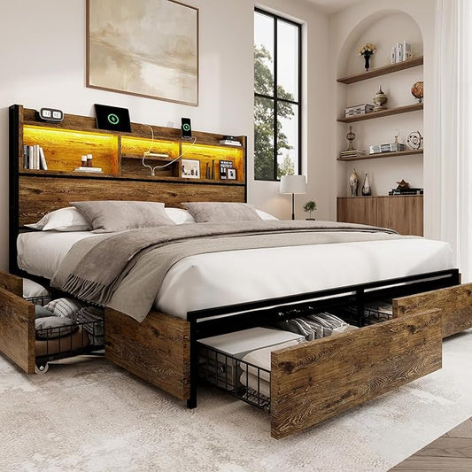 Queen Storage Bed Frame with 6 Drawers, USB Charging Station, No Noise, No Box Spring Required, Vintage Brown Headboard Platform Bed
