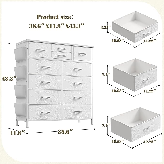 EnHomee Dresser for Bedroom with 12 Drawers, Tall Dressers & Chest of Drawers with Side Pockets, Fabric Dresser for Bedroom, Closet, Hallway, Living Room, Sturdy Metal Frame, Wood Top, White