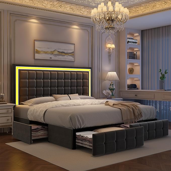 Full Bed Frame with LED Lighting and Storage Drawers, No Box Spring Needed, Supports 900 lbs, Easy Assembly, Quiet and Sturdy Design, Velvet Gray