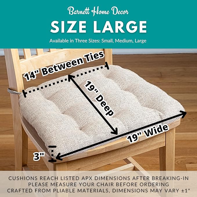 Barnett Home Decor Brisbane Camel Tweed Dining Chair Cushions with Ties - Latex Foam Fill, Reversible, Stain Resistant Kitchen Chair Pad - Made in USA, Size Large, 19 x 19, Neutral Tan, Pack of 1
