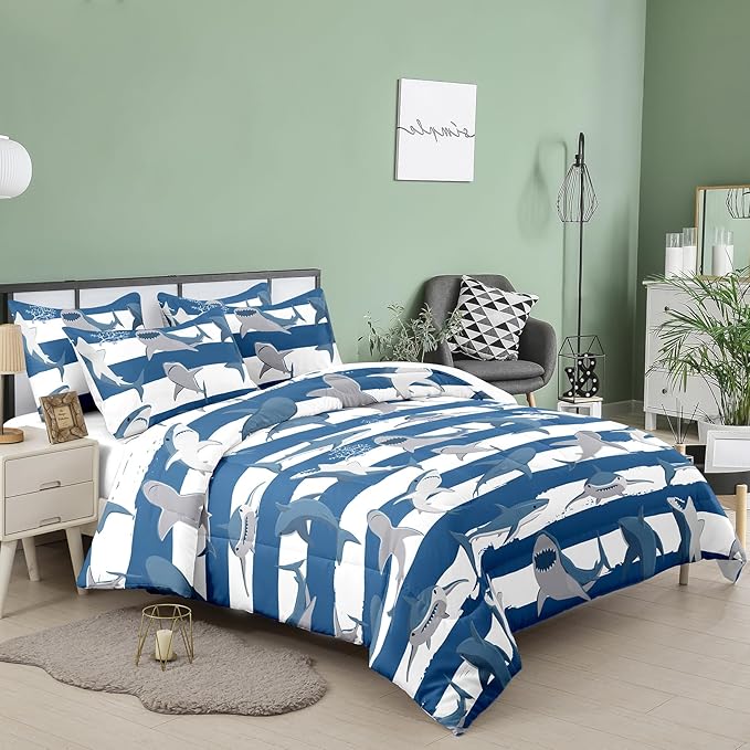 Tailor Shop Shark Comforter Sets Queen Size,Shark Bedding Sets for Boys Kids Teens with 2 Pillowcase…