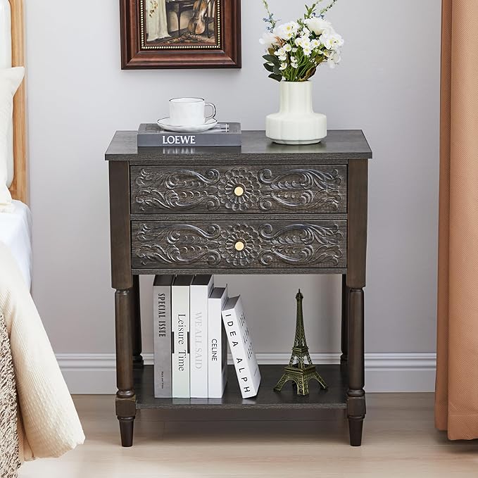 Nightstand, Farmhouse Bedside Table with 2 Drawers and Open Shelf, Wood Sofa Side Table End Table Accent Dresser for Bedroom, Living Room (with Shelf, Grey)