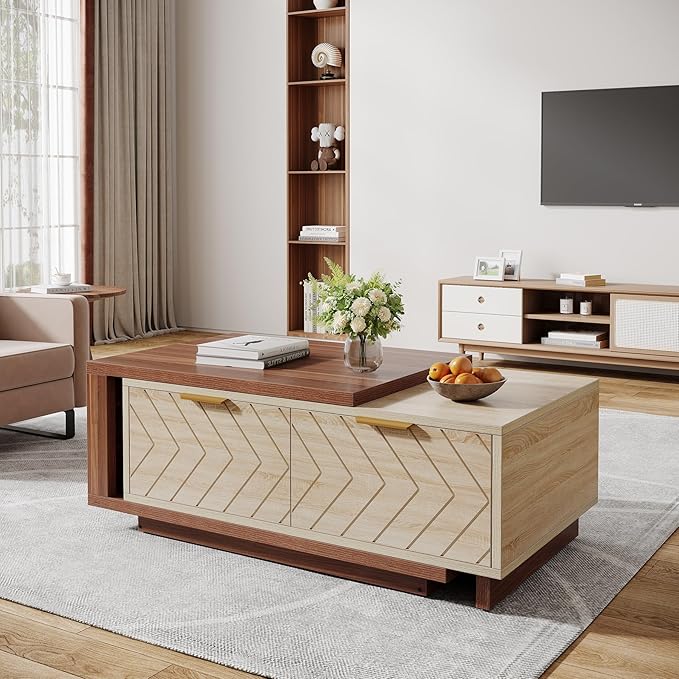 Tribesigns Extendable Coffee Table with 2 Storage Drawers, Dual-Tone Center Table with Sliding Tabletop, Multi-Functional Hidden Storage Wooden Rectangle Cocktail Table for Living Room (Walnut & Oak)