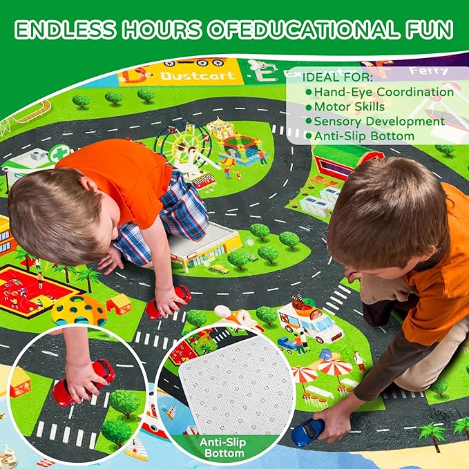 Kids Rugs Traffic Road Carpet Play Rug 78.7"×59" for Playroom Transportation ABC Educational Mat Alphabet Area Rug, Kids Playtime Collection Toddler Car Track Rug Cute Cartoon Animal Letters