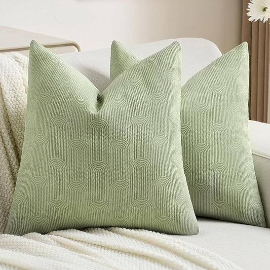 FUTEI Sage Green Chenille Decorative Throw Pillow Covers 16x16 Inch Set of 2,Soft Cozy Striped Geometric Patterns Cushion Case,Modern Home Decor for Couch Bed Living Room