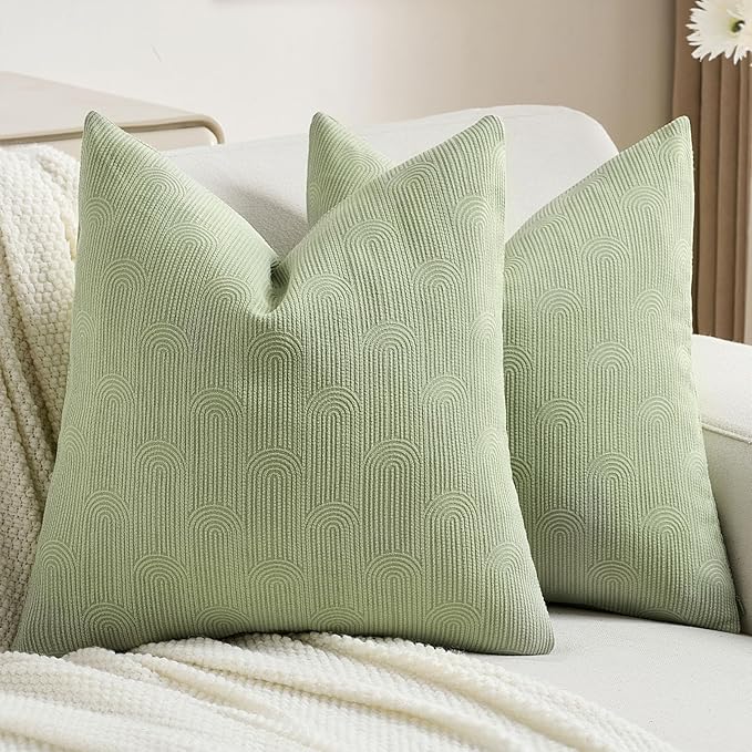 FUTEI Sage Green Chenille Decorative Throw Pillow Covers 22x22 Inch Set of 2,Soft Cozy Striped Geometric Patterns Cushion Case,Modern Home Decor for Couch Bed Living Room