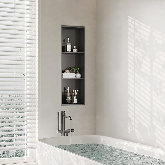 Stainless Steel Shower Niche 12" X 36", Three-Tier Shelf for Bathroom Storage, No Tile Needed Recessed Wall Niche, Gun Metal