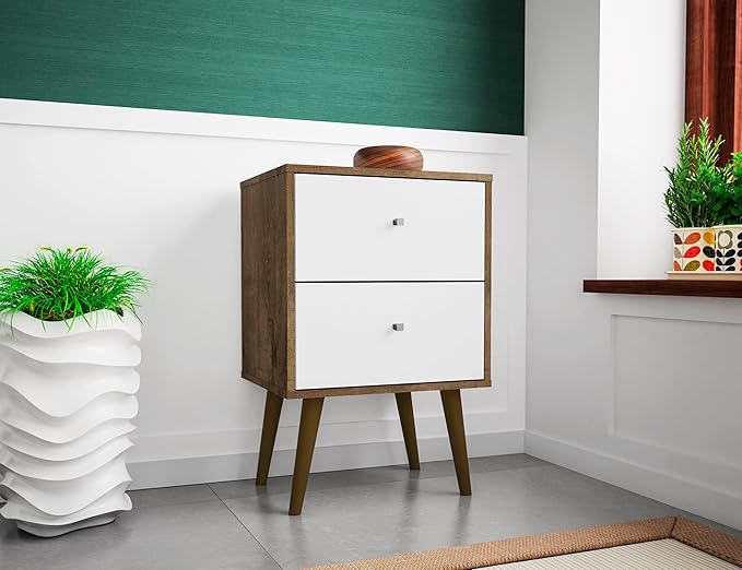Manhattan Comfort Liberty Mid Century Modern Nightstand with Drawers, Bedside Table for Bedroom and Living Room, Night Stand Accent Decor, Easy Assembly, Brown/White