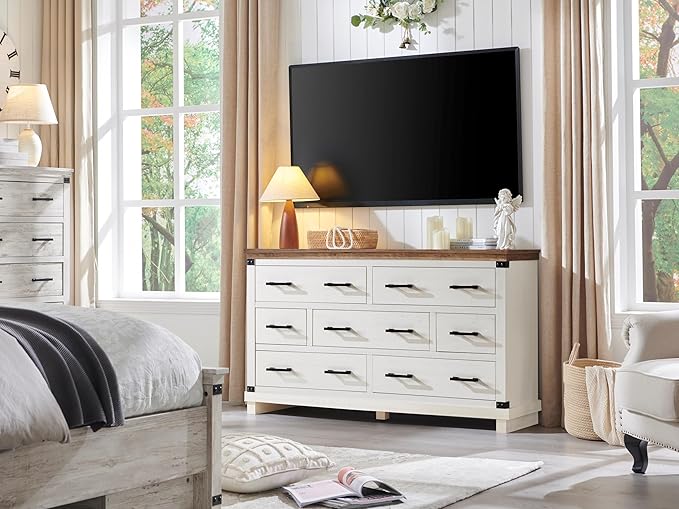 Farmhouse 7 Drawer Dresser for Bedroom - Wood Large Dressers & Chests of Drawers for Closet, 54 Inch Long Dresser with Storage for Bedroom, Living Room, Antique White
