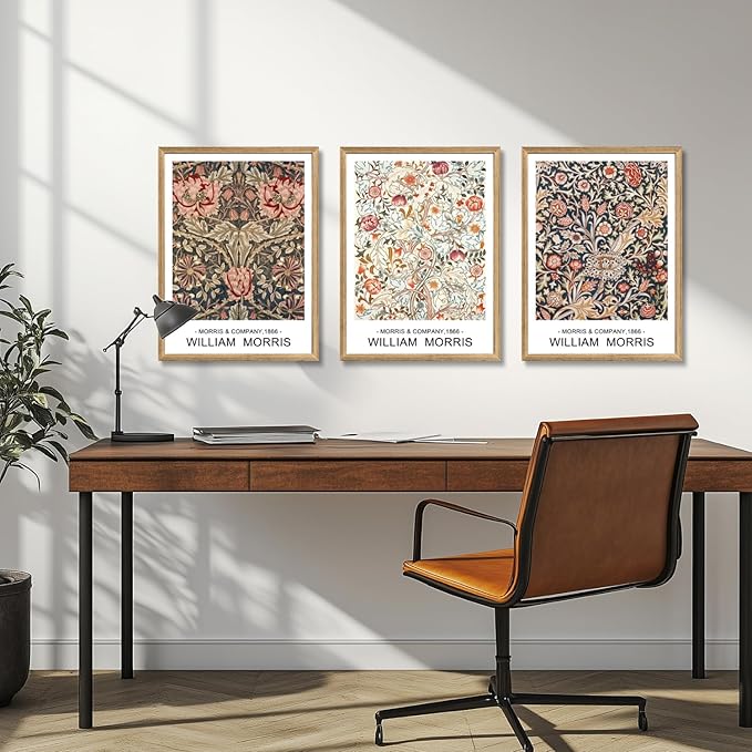 Cyebmo Wood Framed William Morris Wall Art Set of 3, Rustic Farmhouse Floral Wall Decor, Retro Flower Plants Aesthetic Picture, Vintage Botanical Art Prints for Living Room Bedroom Bathroom 16"x24"x3