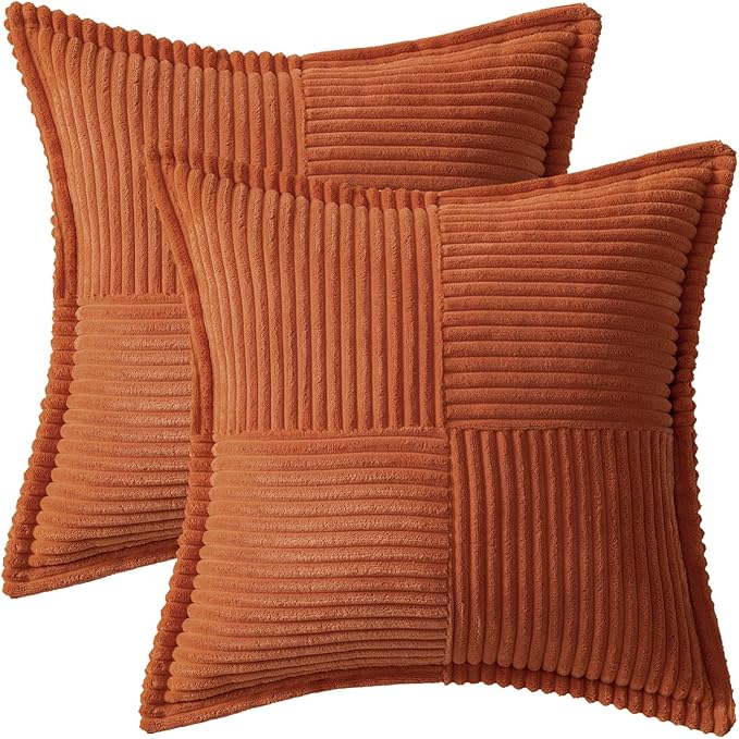 MIULEE Rust Fall Decorative Throw Pillow Covers for Couch Bed Livingroom 18x18 Inch Set of 2 Boho Accent Throw Pllows Broadside Striped Patchwork Soft Corduroy Pillowcases