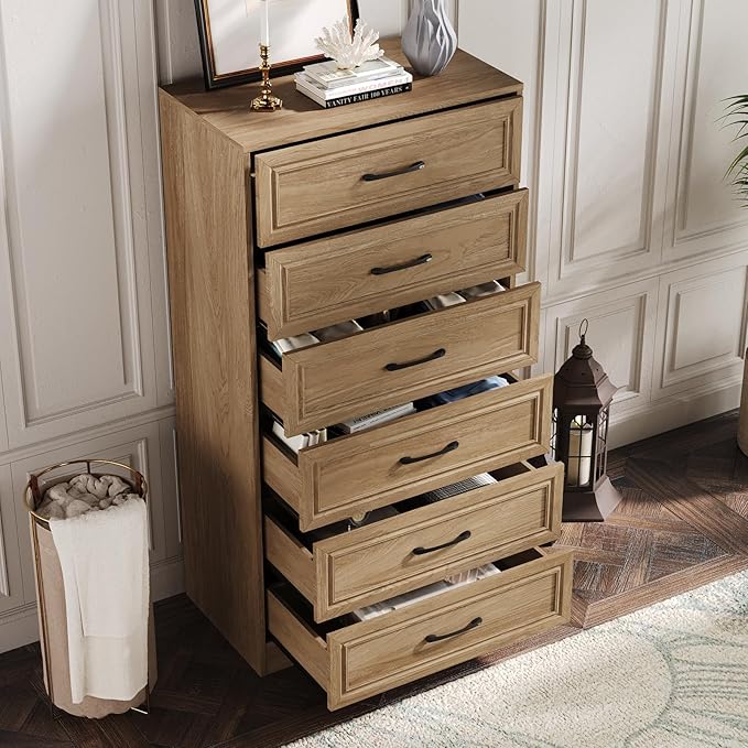 Fameill Dresser for Bedroom, Tall Dresser for Hallway, 6 Drawer Wide Dresser Organizer with Charging Station for Closet, Wood Dresser with Metal Handles, Oak