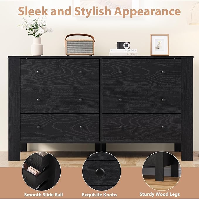 GarveeHome Black 6 Drawer Dresser for Bedroom, Modern Wide Dresser Organizer with Storage Drawers, Wooden Chests of Drawers for Bedroom, Entryway, Hallway, Home Office