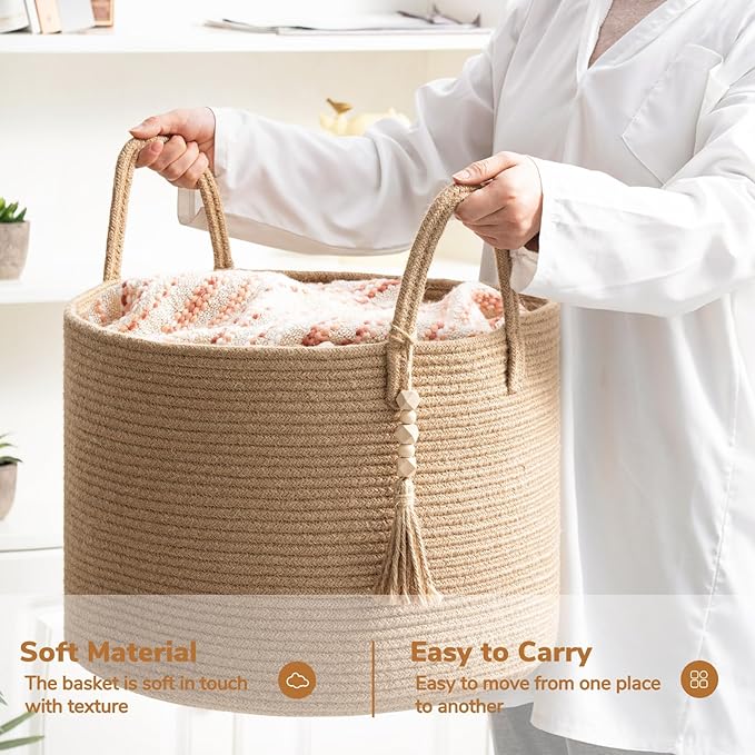 Goodpick Large Wicker Laundry Basket Jute Woven Basket for Clothes, Shoes, Towels, Decorative Storage Basket in Living Room, Bathroom, Entryway, Round Toy Basket 17.7 x 12.6 Inches, Jute