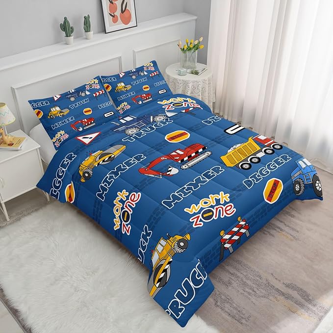 Kids Comforter Set Butterfly Printed Pattern Bedding Set with 1 Comforter and 2 Pillowcases for Girls Boys Bedroom All Season(Truck Twin)