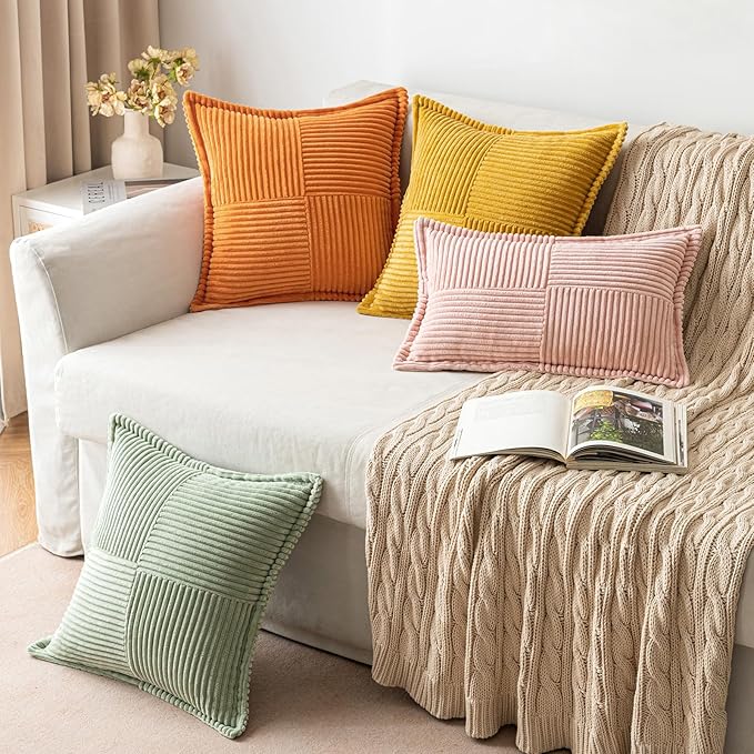MIULEE Burnt Orange Fall Decorative Throw Pillow Covers for Couch Bed Livingroom 16x16 Inch Set of 2 Boho Accent Throw Pllows Broadside Striped Patchwork Soft Corduroy Pillowcases
