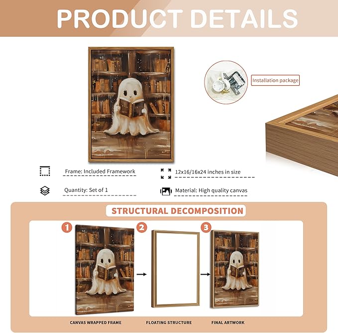 Vintage Framed Ghost Reading Books Canvas Wall Art for Home Office - Halloween Academia Cute Ghost Picture Paintings Prints, Halloween Room Aesthetic Decor for Living Room Bedroom 16x24 inch