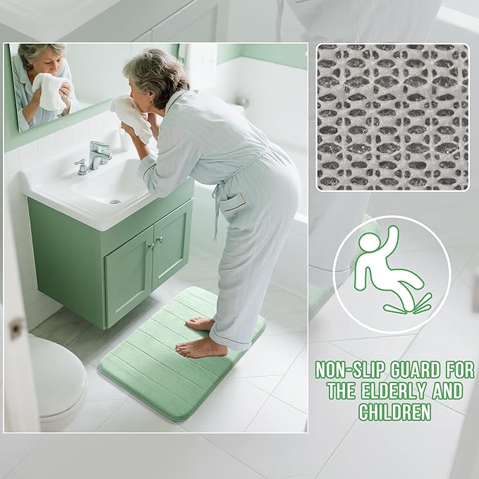 Yimobra Memory Foam Bath Mat, Super Soft Absorbent Bathroom Rug Non Slip 24x17 Inch, Quick Dry, Machine Washable Floor Carpet for Tub Shower, Home Decor Accessories, Pale Green
