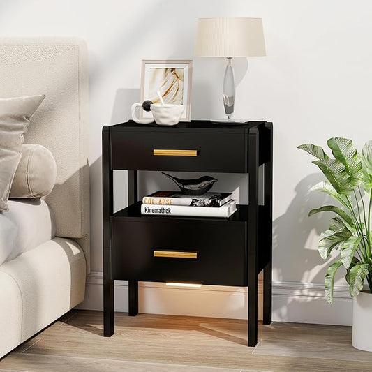 Nightstand with 2 Drawers and Open Shelf Wood Bedside Table Gold Handles Storage Night Stand with Light for Bedroom, Black