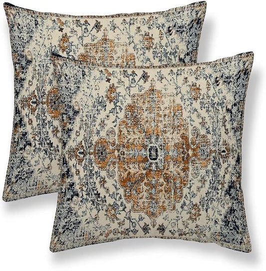 Ethnic Boho Throw Pillow Covers 16x16 Set of 2, Gold Blue Carpet Pattern Pillow Covers Rustic Farmhouse Cushion Cases Linen Decorative Gifts for Couch Sofa Indoor Outdoor