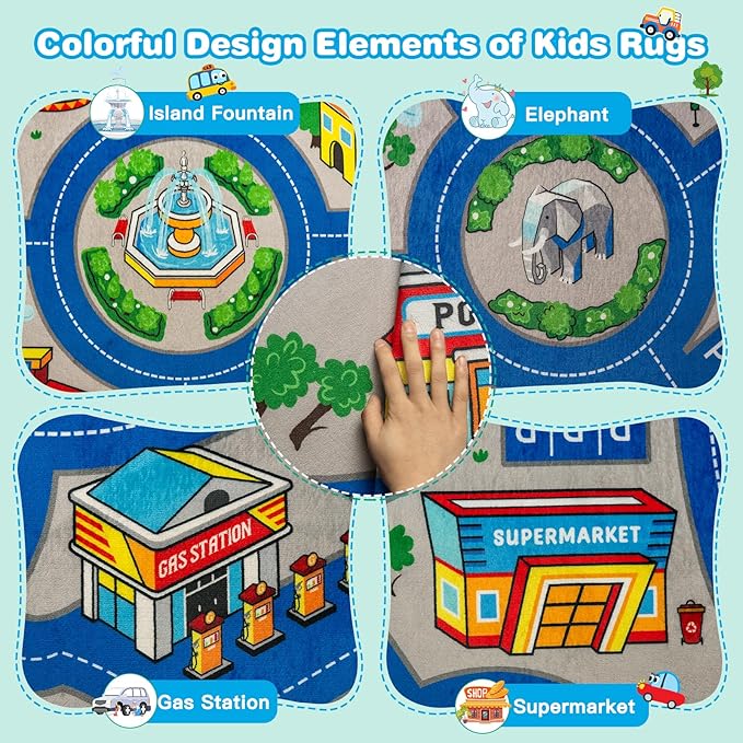 Road Car Rug, 4x6 Ft City Road Rug for Kids, Extra Thick (0.4in) Kids Floor Play Mat and Car Carpet with Realistic Colors - Perfect for Children, Soft and Non-Slip for Playroom and Bedroom