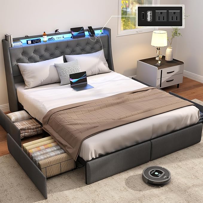 SADENICEL Queen Bed Frame with Storage Headboard and 4 Drawer, Metal Platform Bed Frame Queen Size with LED Light, Charging Station, No Box Spring Needed, Noise Free, Easy Assembly, Grey