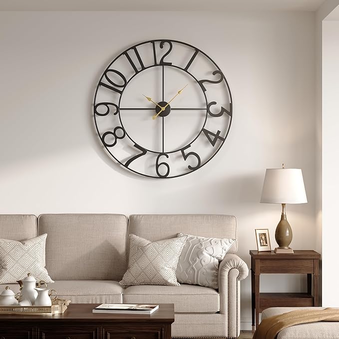 36 Inch Wall Clock, Large Wall Clock Decorative for Living Room, Arabic Numerals Non Ticking Battery-Operated Metal Round Modern Black Wall Clocks for Kitchen, Bedroom, Dining Room, Office
