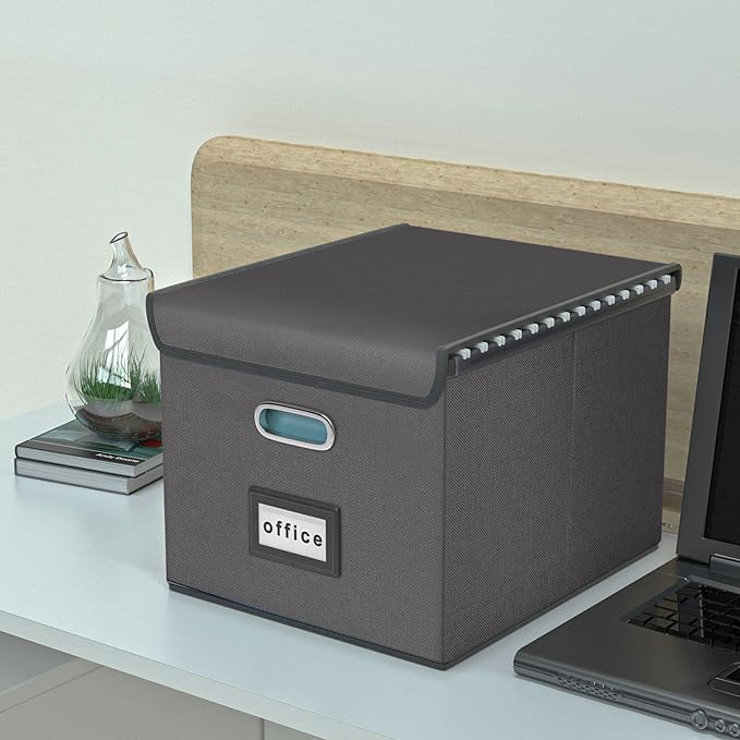 Collapsible File Storage Organizer Boxes with Lids, Linen Office Document Storage Box, Filing Box, Decorative Small File Box for Hanging File, Single File Box with Plastic Slide for Office/Decor/Home