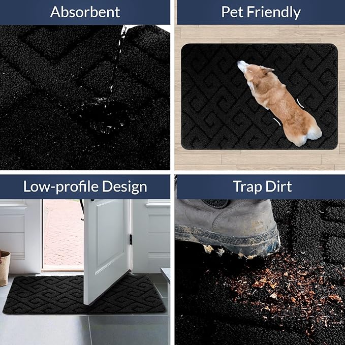 Walensee Indoor Doormat, Front Door Mat for Entrance (24"x35" Black) Machine Washable Entryway Rug, Non Slip Trapper Door Rugs Absorbent Dirt Low Profile Shoes Scraper Inside Floor Mats