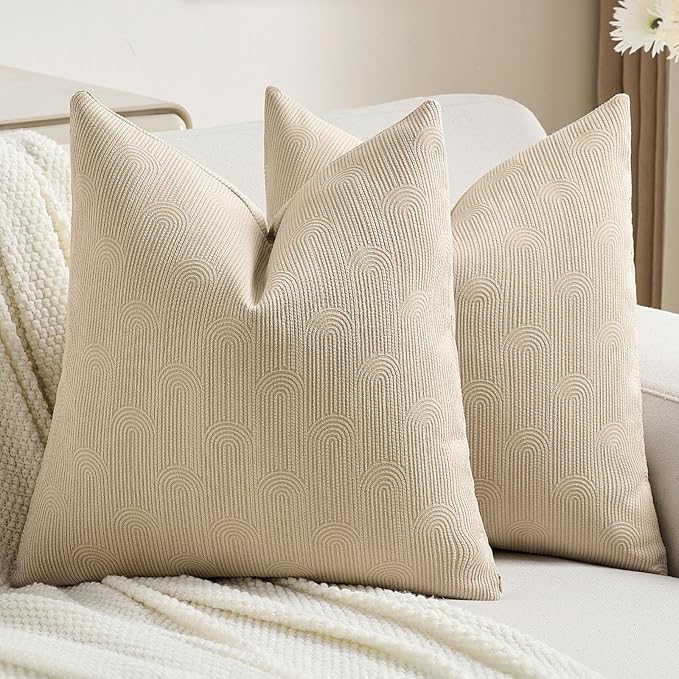 FUTEI Oatmeal Chenille Decorative Throw Pillow Covers 20x20 Inch Set of 2,Soft Cozy Striped Geometric Patterns Cushion Case,Modern Home Decor for Couch Bed Living Room