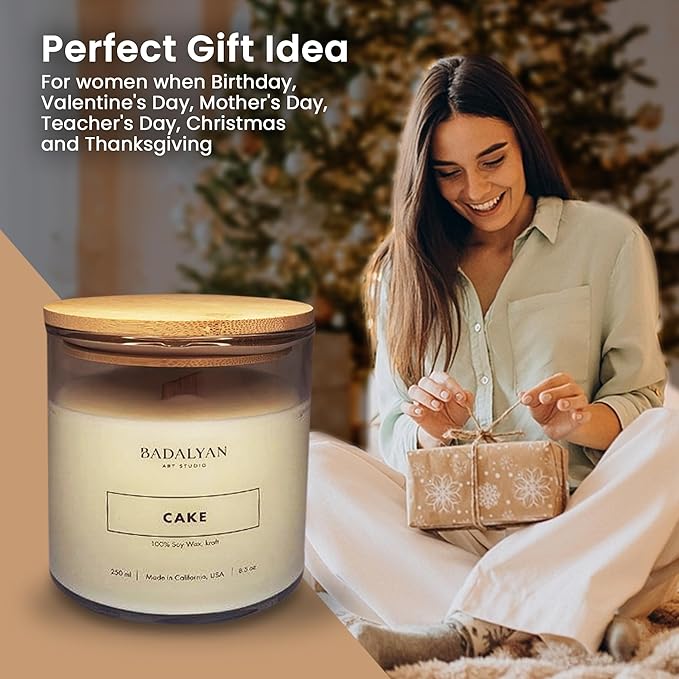 Scented Soy Candles in Glass Jar, Cake Scent, Relaxation Gifts for Women, Home Fragrance, Modern Style, White Color, Non Toxic, Clean Burn, Long Burning