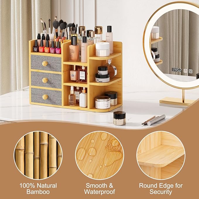 Makeup Organizer Countertop With Brush Holder For Vanity, Large Bamboo Bathroom Counter Organizers And Storage,Cosmetic Skincare Perfume Organizer With 3 Makeup Brush Holder/3 Drawer/7 Storage Shelves